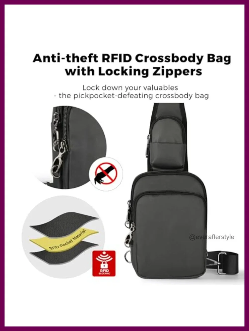 RFID Blocking Sling Bag Water Resistant Crossbody with Zipper Lock